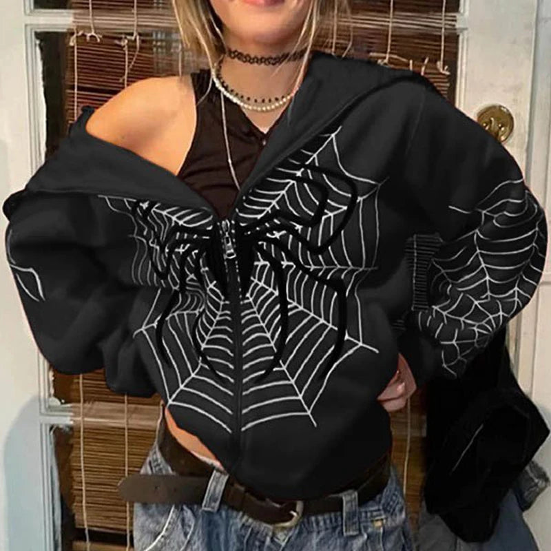 2024 Cross Border Spider Web Zipper Sweater Women's Casual Trendy Hoodie Spring and Autumn Fleece American Coat