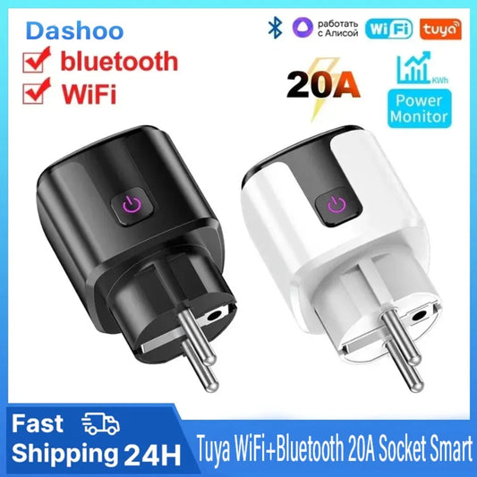 NEW Arrivals TUYA App Wi-Fi + Bluetooth 20A Socket Smart EU Plug With Power Monitoring Timer Child Lock Outlet Google Home Alice Smart Devices Alexa Google Support Home Smart Life Supplies