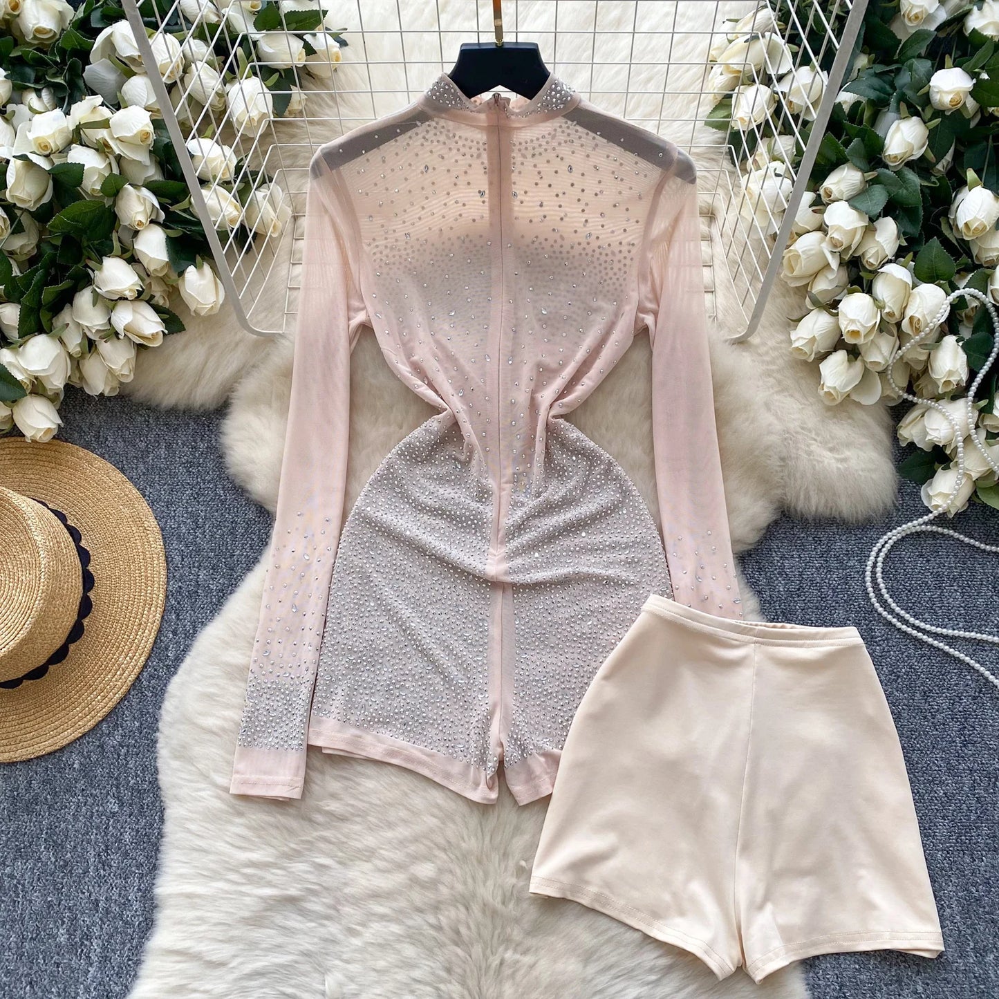 NEW S-2XL UK Plus Size Apricot/Black Color Summer Thin Sheer Sexy Viscose Bodysuit Long Sleeve Zipper With Shorts Design Rompers Beadings Streetwear Women Mesh Playsuits