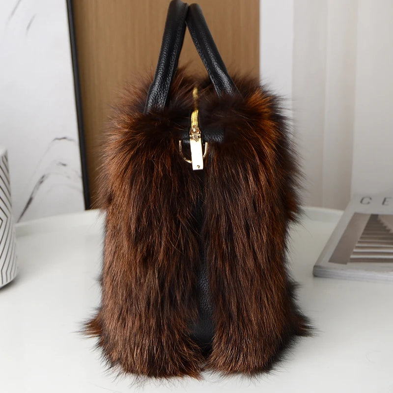 Luxurious Real Natural Red Fox Fur Handbag Women Single Shoulder Crossbody Bags Lady Clutch Bag Tote Bag Winter Outdoor Evening Travel  Ladies Warm Shoulder Bags Female Women Luxury Fashion Clothing Accessories Products