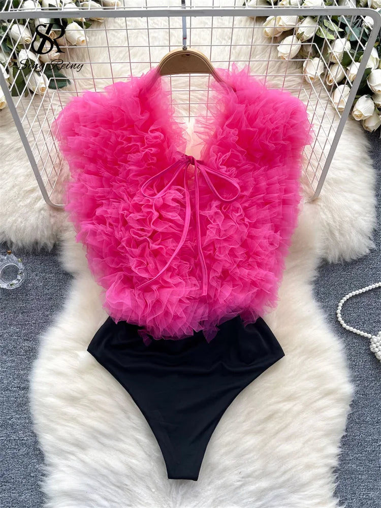 UK Size 5 Colors Sexy 3D Flowers Spliced Sheath Bodysuits Club Lace Up V Neck Playsuits Fashion Streetwear Backless Sensual Rompers