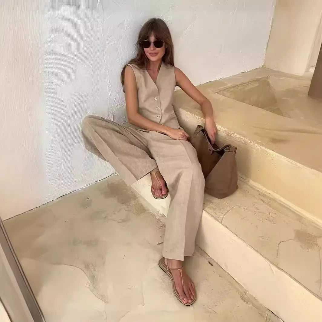 Just Arrived 2 PCS Set 4 Colors UK Size  Women Linen Cotton Chic Vest ＆ Pants Suit  Office Ladies Summer Chic  Women's Outfits