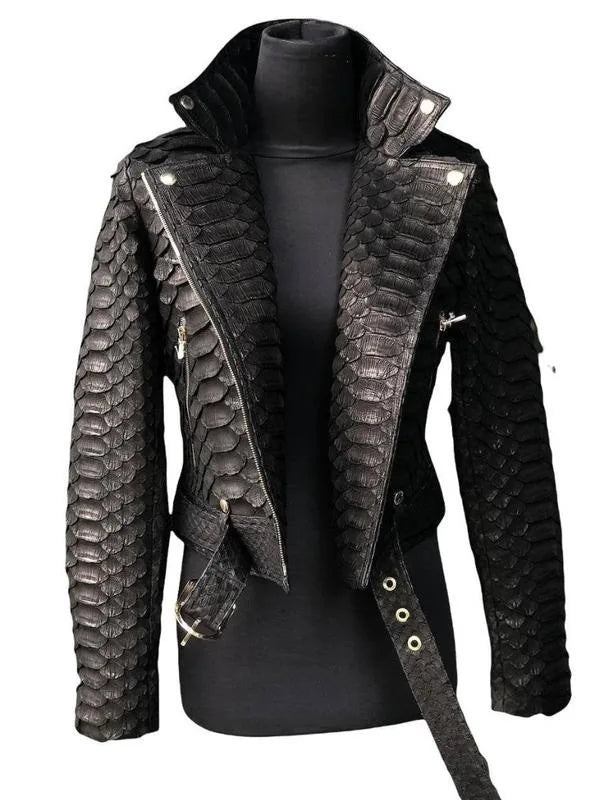 S-3XL UK Plus Size Autumn and Winter Women's PU Leather Black Snakeskin Leather Locomotive Jacket