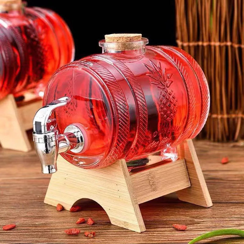1000ML Full Set Glass Whiskey Barrel Wine Barrel Beer Bottle Fruit Aging Alcohol Honey Storage Container With Base Faucet Bar Set Home Bar Pubs Restaurants Barware Accessories