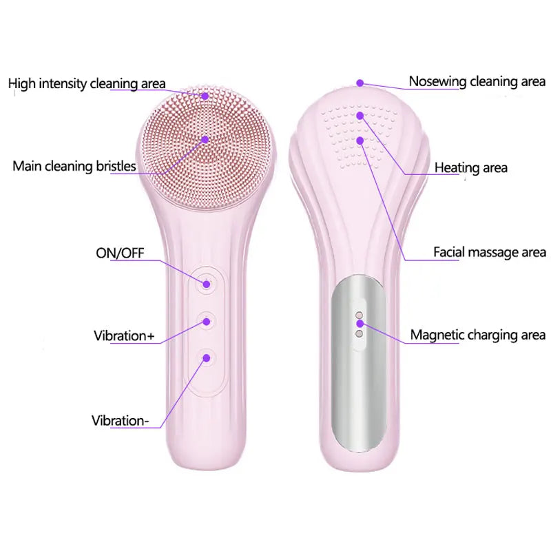 Silicon Sonic Facial Cleansing Brush For Face Waterproof Electric Vibration Heating Massage Deep Cleaning SPA Bathroom Tool