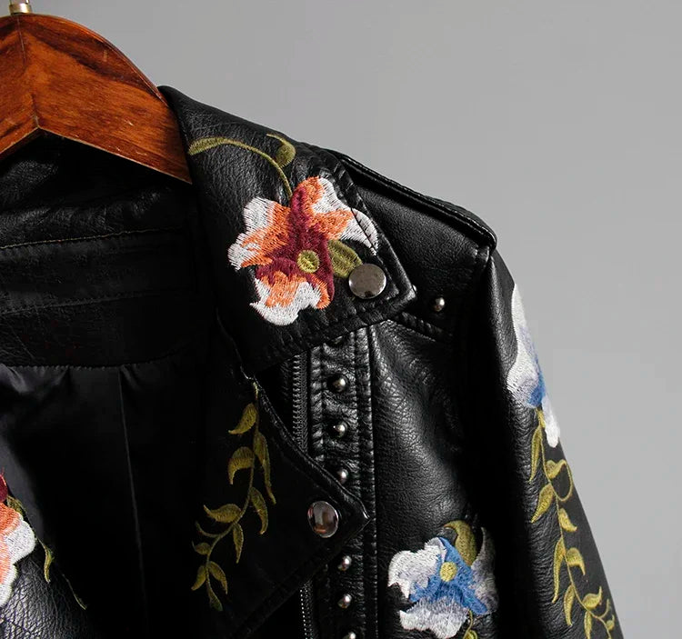 Women's Floral Print Embroidery Faux Soft Leather Jacket, Punk Rivet Outerwear, Black, Punk, Motorcycle Coat, Faux, Female