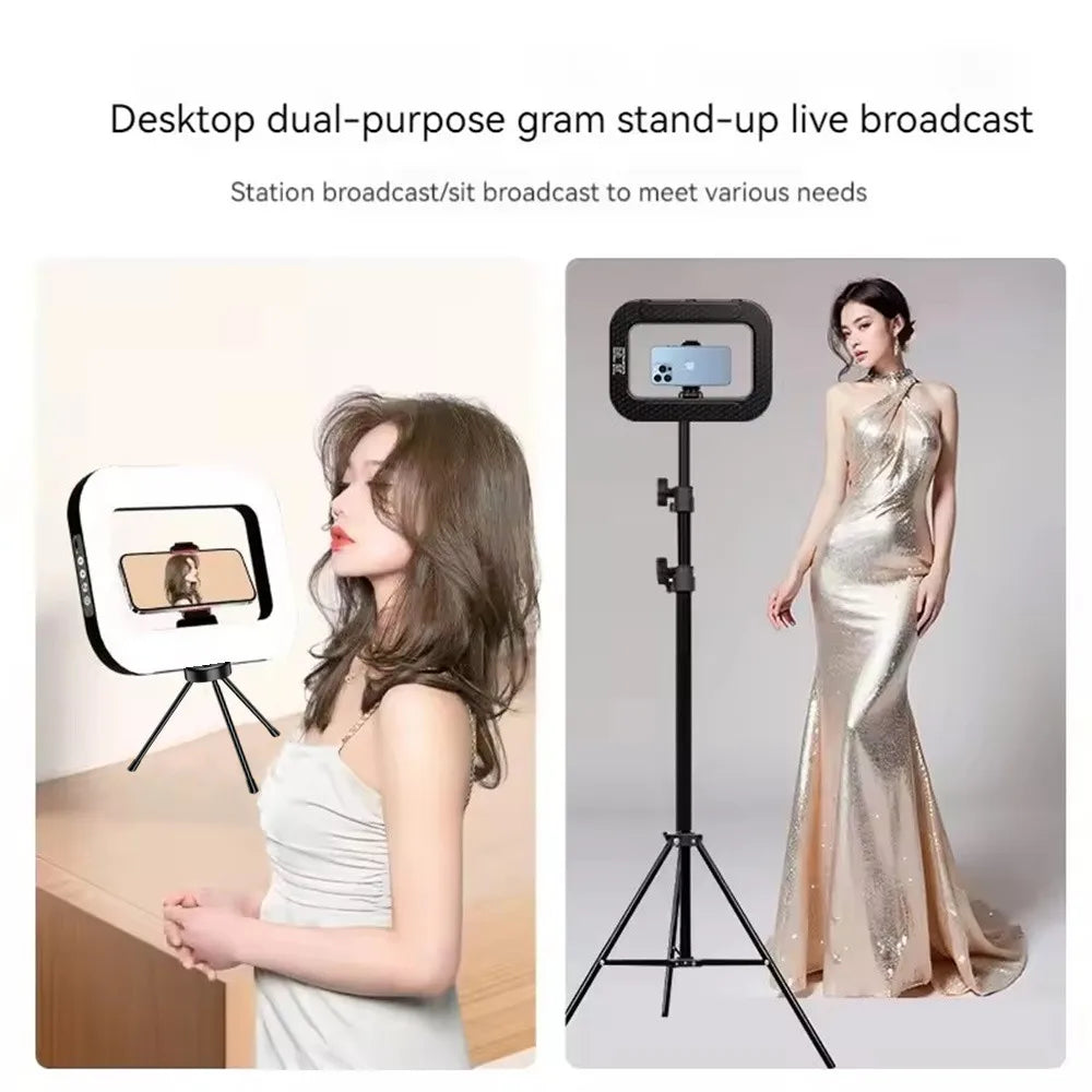New Pink/Black Color + Tripod Handheld Ring LED Rechargeable Fill light Portable Mobile Phone Live Broadcast Photography Desktop Rabbit Cage Selfie Light
