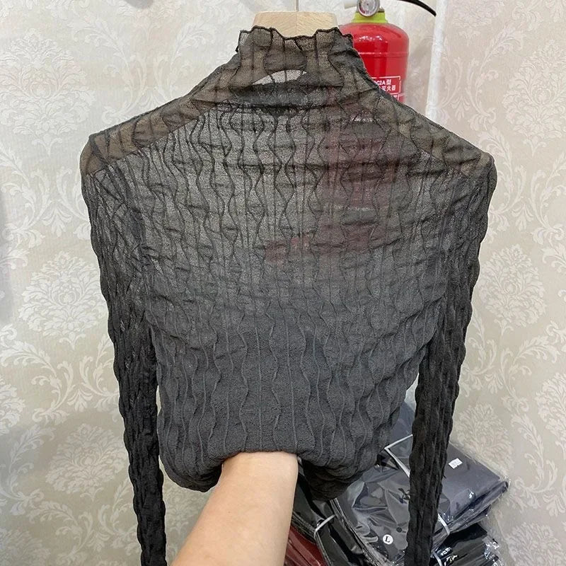 NEW Arrivals S-2XL 6 Colors European Style Polo/Turtle Neck Lace Base Layer Top Women's Long Sleeve 2021 Spring Autumn Thin Versatile Transparent Inner Top