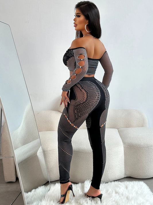 NEW Arrivals 2PCS Set Sexy Thick Women  Chic Hollow Rhinestones Slash Neck Crop Tops+Patchwork Leggings Stretch Matching Evening Nightclub Party Suit Ladies Girls Sexy Fashion Clothing Supplies