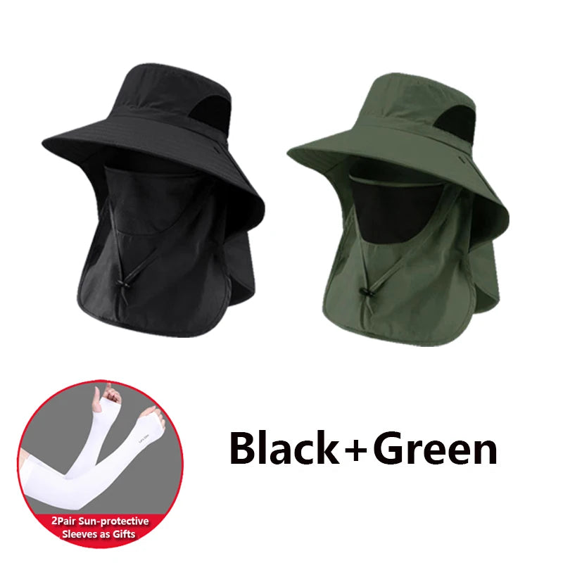 2 PCS Set Summer Sun Hats UV Protection Outdoor Beach Camping Hunting Fishing Cap For Men Women Hiking Camping Visor Bucket Hat Neck Flap Fisherman Hat