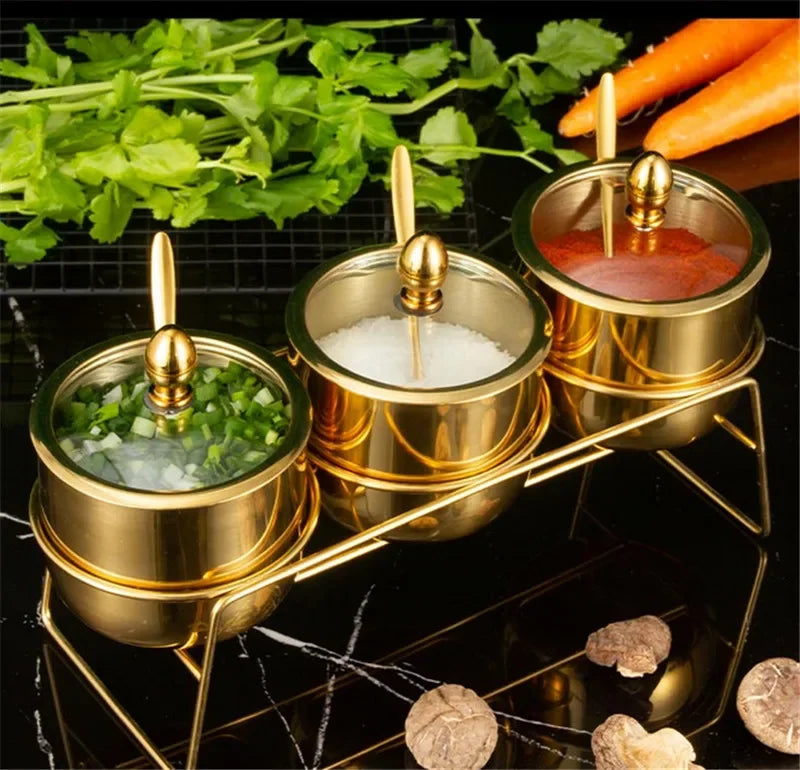 NEW Arrivals 2/3/4 Sets Luxury Golden 304 Seasoning Box Bottle Glass Pot Cap with Spoon Flavoring, Holder Rack Tank Sauce Spice Jar Salt Soy Storage Box Kitchenware Preparing Cooking Tools