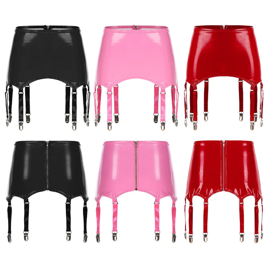 S-4XL Women Ladies Luxury Sexy Leather  Garters Suspender Belt Skirts Ladies Wet Look Mini Skirts Leather Garters with Metal Clips Clubwear Pole Dance  Costume Underwear Supplies Girls Female Luxury Lingerie Fashion Clothing