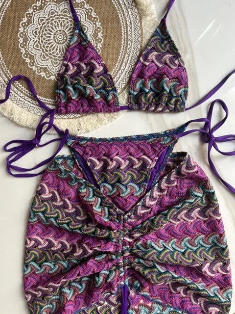 Handmade 3PCS Set High Quality Women Female Swimsuit Colored Maple Leaves Knitted Bikini Skirt Swimsuit Bikini Brazilian Beach Bathing Suit Girls Ladies Luxury Summer Fashion Apparel Products