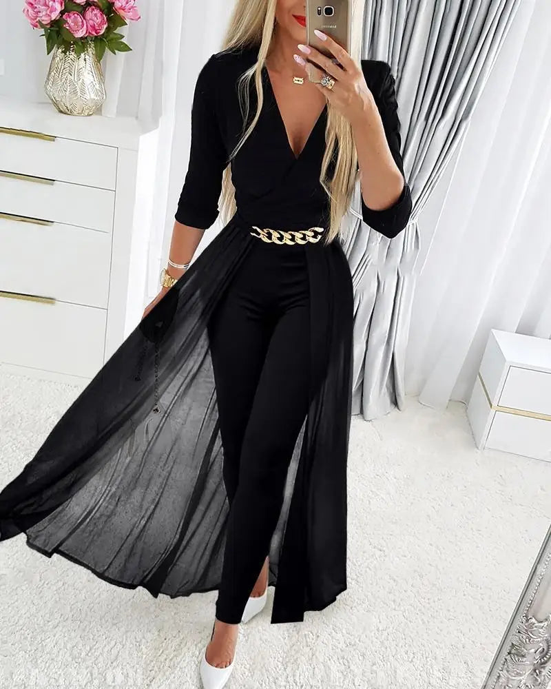 Deep V Neck Mesh Long Sleeve Jumpsuit One Piece Overall Women Black Elegant Rhinestone Chain Glitter Party Night Sexy Bodysuits