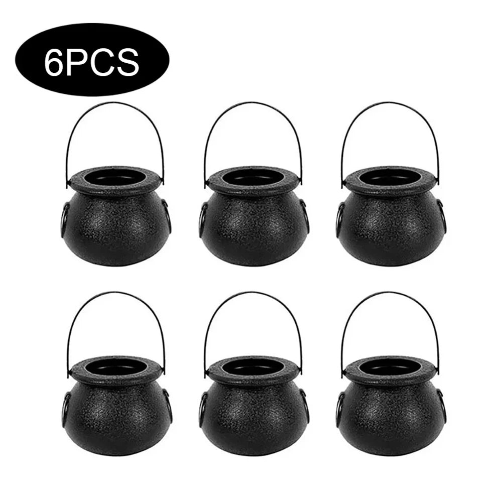 12PCS Set Halloween Scull-Jars Cauldron Decoration,Mini Black Plastic Witches Cauldron,Halloween Candy Basket,Trick Or Treat Bucket