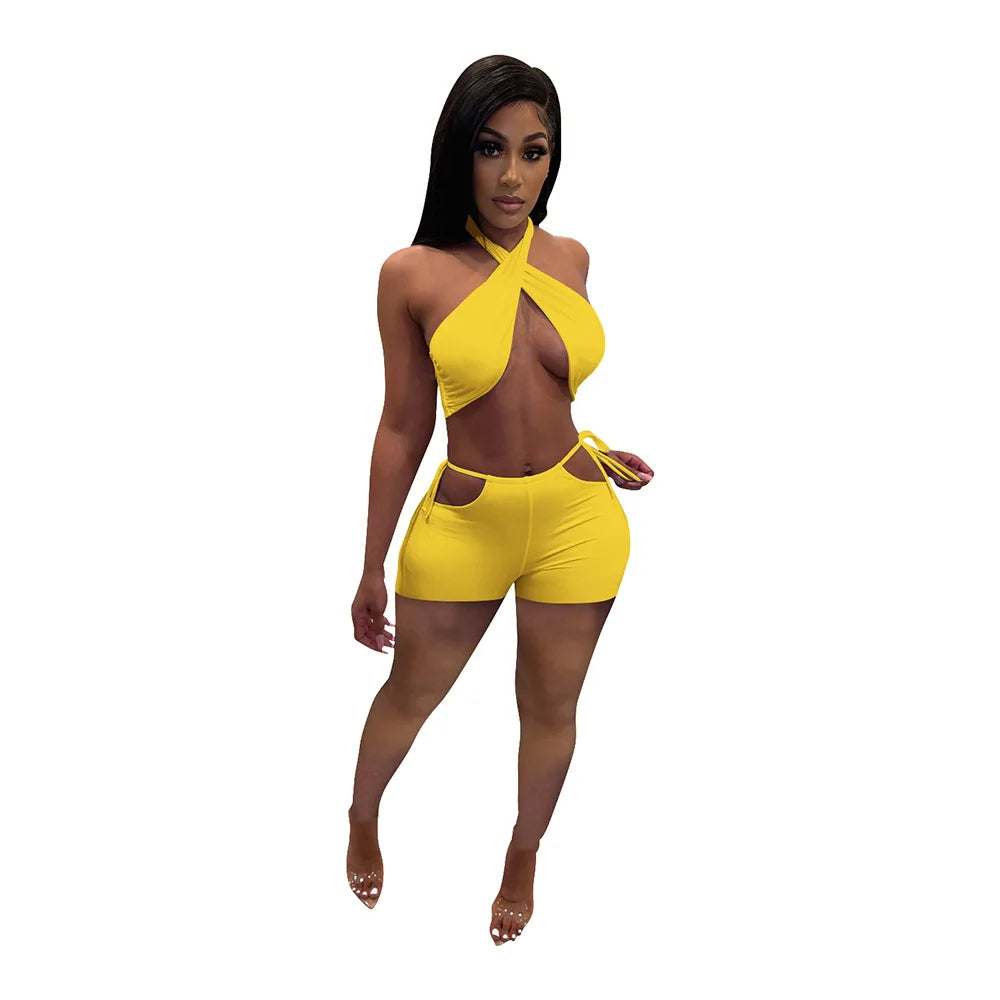 NEW Arrivals 2PCS Set 9 Colors Women Sexy Ruched Bandage Criss Cross Solid Hot Women Spring Summer Backless Evening Beach Party Night Club Crop Top and Shorts Matching Set