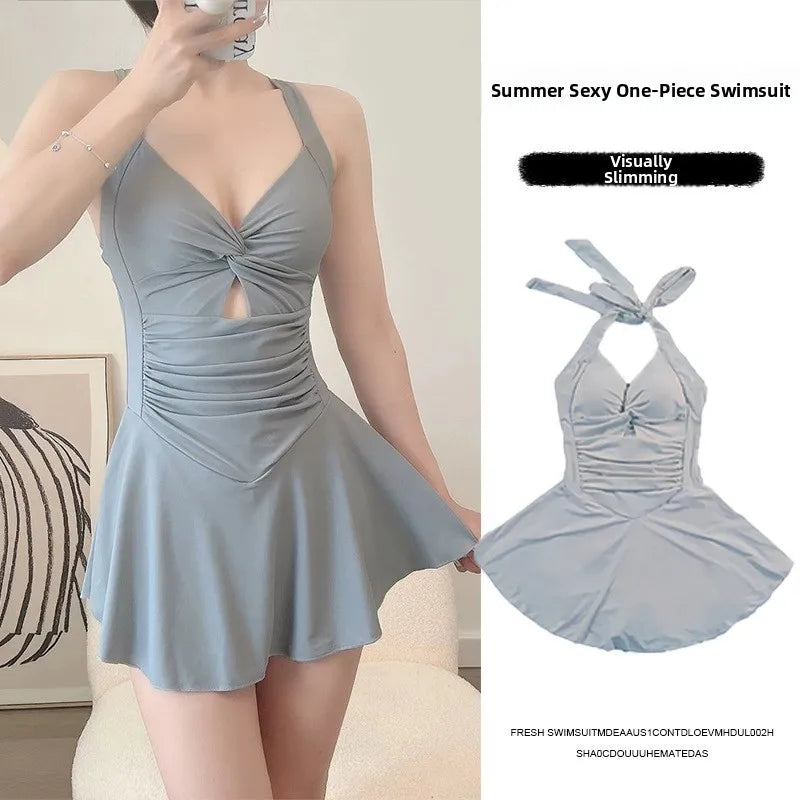 4 PCS Set Women's Swimsuit Dress + Swimming Cap + Goggles + Mobile Phones Bag + Nose Clip Earplugs Conservative Slimming Korean Style Sporty Hot Spring Swimming Suit Pure Color Skirt Style Gathered Bathing Sets