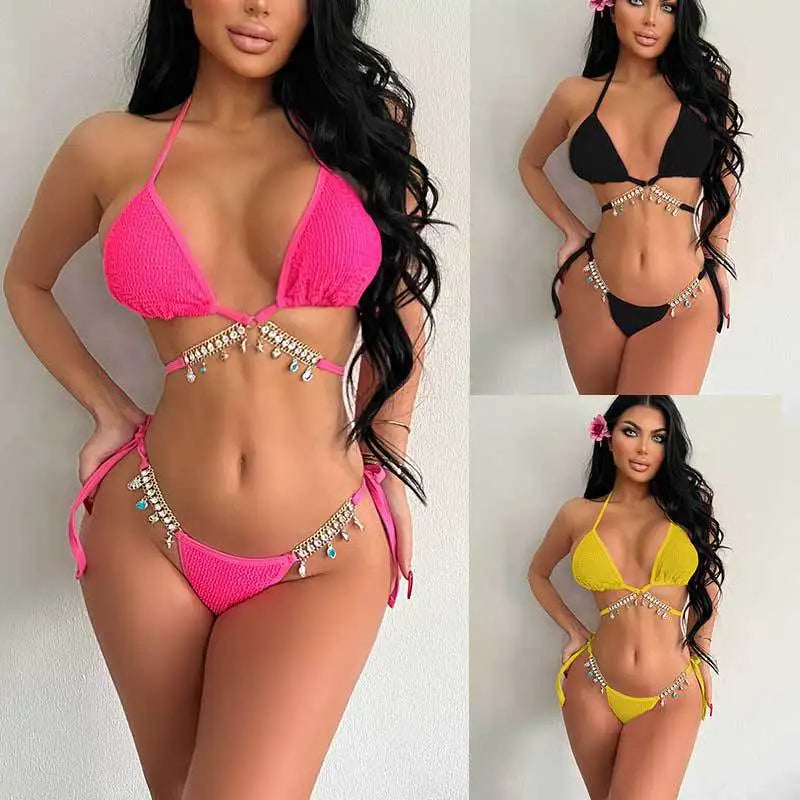 Sexy Luxury Bikini Women Crystal Rhinestones Push Up Micro Swimsuit Neon Orange Metal Chain Diamond High Cut Thong Swimwear