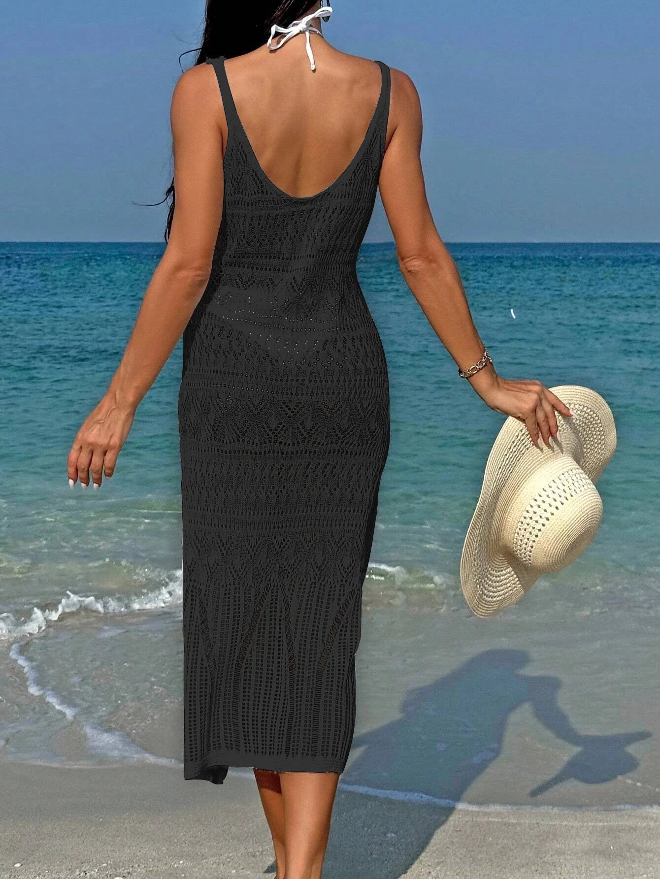 NEW Arrivals S-2XL UK Size Black/White Sexy Handmade Crochet Women's Fashion Hollow Out Maxi Dress Cover Up Skirt Suspender Skirt Showing Body Waistline Free Bikini Cover Ups Dress