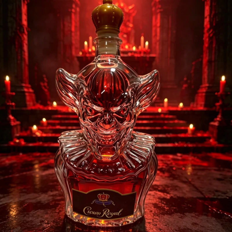 Horror Clown Style Crystal Glass Decanter Crown Royal Baphomet Style Whiskey Wine Bottle, Halloween Decoration Gift First Choice Witchcraft Barware Accessories