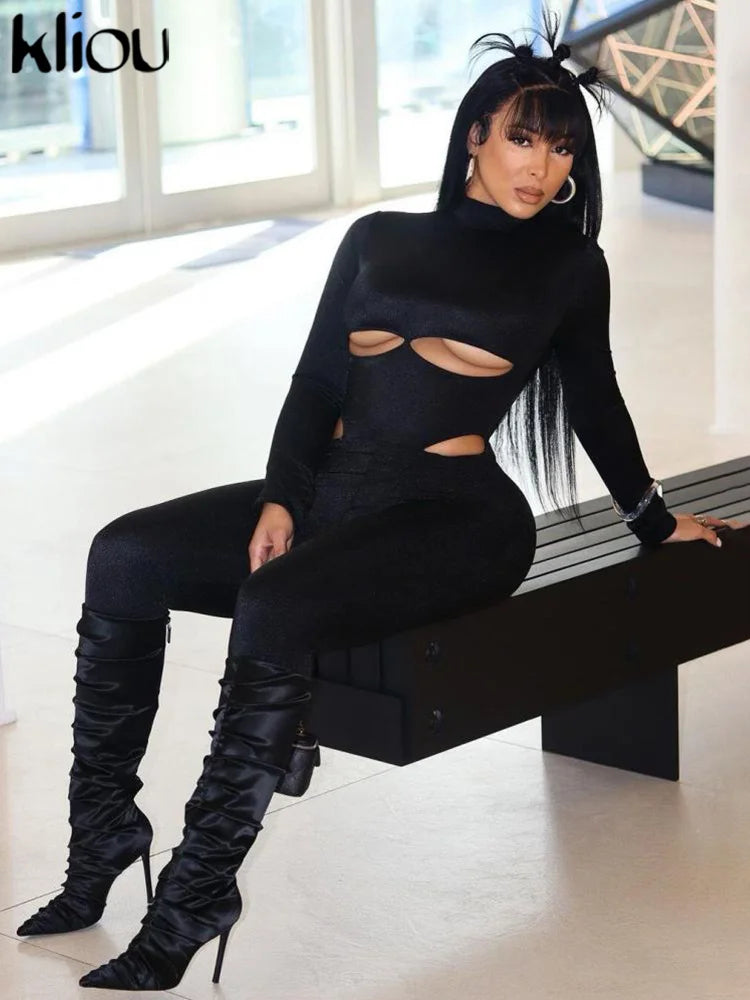 Solid Concise Jumpsuits Women Basic Autumn Long Sleeve Stand Neck Hollow Out Skinny One Piece Female Classic Activewear