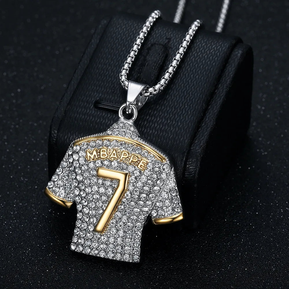 Fashion Football Jersey Messi Cristiano Ronaldo Neymar Mbappé Harland Rhinestone Necklaces + 60cm Gold Chain Men Stainless Steel Soccer Fans Hip Hop Jewelry Accessories