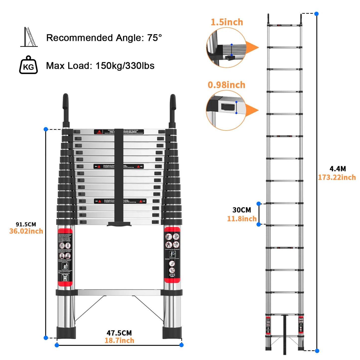 Telescopic Ladder Stainless Steel, Load 150kg, Convenient Extendable ,For Pulling Walls, Changing Light Bulbs, Repairing Roofs, RV Home Work Heavy Duty Accessories