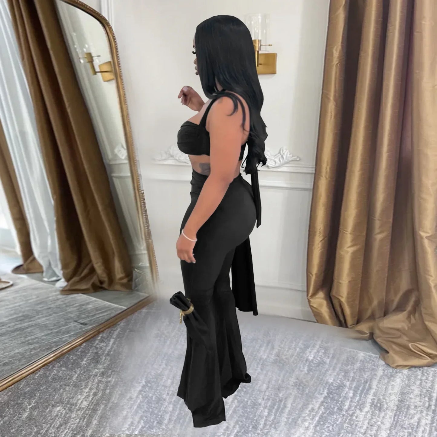 2 PCS Set S-2XL Fashionable C7485 Cross-Border Sexy Summer Strapless Long Pants Set Women's Polyester Fiber Clothing