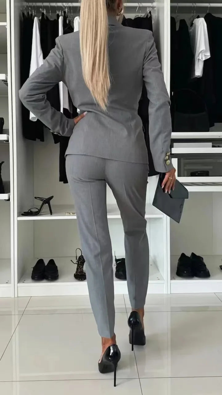 NEW Arrivals 2PCS Set UK S-2XL Size 8 Colors Women Office Smart Clothes Suit Blazer Double Breasted Button Solid Color Jacket & High Waist Slim Pencil Pants Ladies Luxury Fashion Clothing Supplies