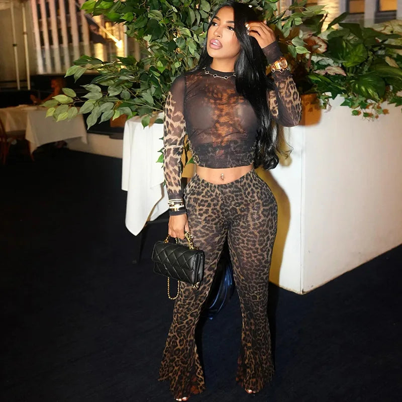 NEW Arrivals 2PCS Set Cheetah Women  Matching Long Sleeve O-Neck Crop Tees and High Waist Slim Pants Leopard Sets Sexy Female Evening Nightclub Party Outfits Girls Ladies Luxury Fashion Clothing Supplies