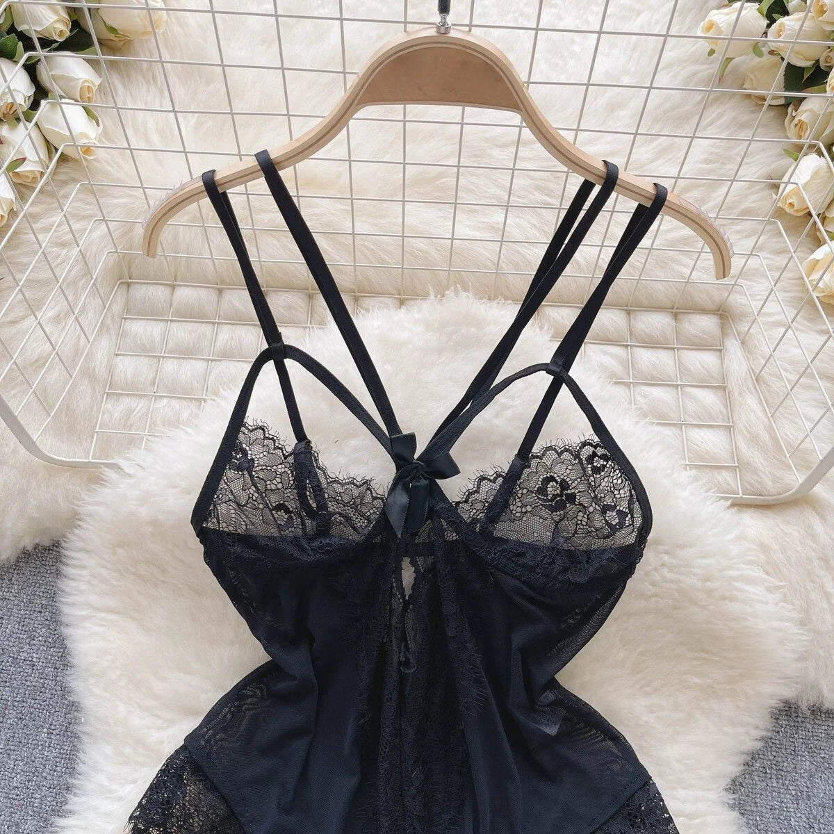 Sexy Hollow Out Strap Jumpsuit Hot Sweet Bow Lace Patchwork Backless Playsuit Slim Fit Bodysuit Erotic Lingerie  Pajamas Woman