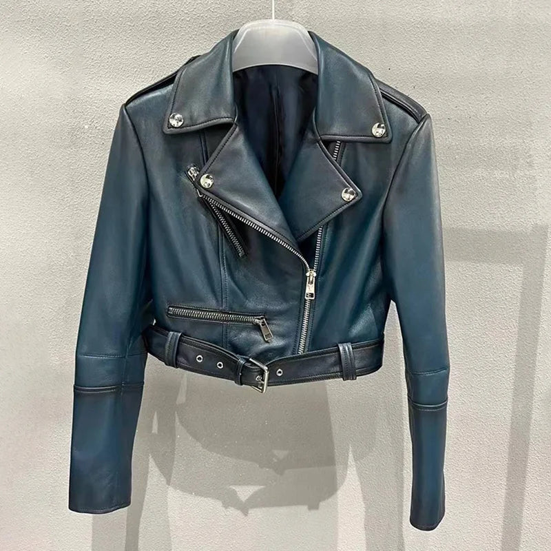 Lady Real Leather Jackets Fashion Motocycle Leather Coat Women Sheepskin Skirt Spring Autumn Sets Female Clothing GT5463