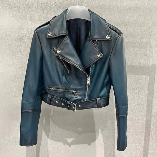 Lady Real Leather Jackets Fashion Motocycle Leather Coat Women Sheepskin Skirt Spring Autumn Sets Female Clothing GT5463