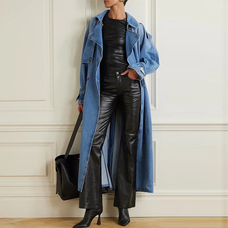 Tannt Women Trench Coat Double Breasted Bandages Denim Windbreaker Coats Fashion Vintage Long Winter Overcoat For Women 2023 New