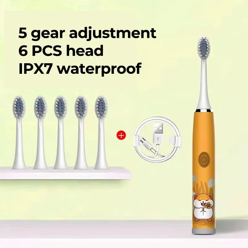 Colorful Sonic Children's Electric Toothbrush Rechargeable Cartoon Design Automatic IPX7 Waterproof with 5 Replacement Heads Children Oral Hygiene Supplies
