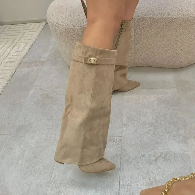 NEW Arrivals UK Big Size 6 Colors Autumn and Winter New Pointed Metal Buckle Knee High Women's Boots, Thick High-Heeled Pants Boots, Fashionable Mid Leg Boots
