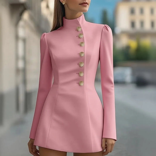 Black/White/Pink Color S-2XL UK Size Elegant Stand Collar Single-Breasted Slim Fit Long Sleeve Mini Dress
