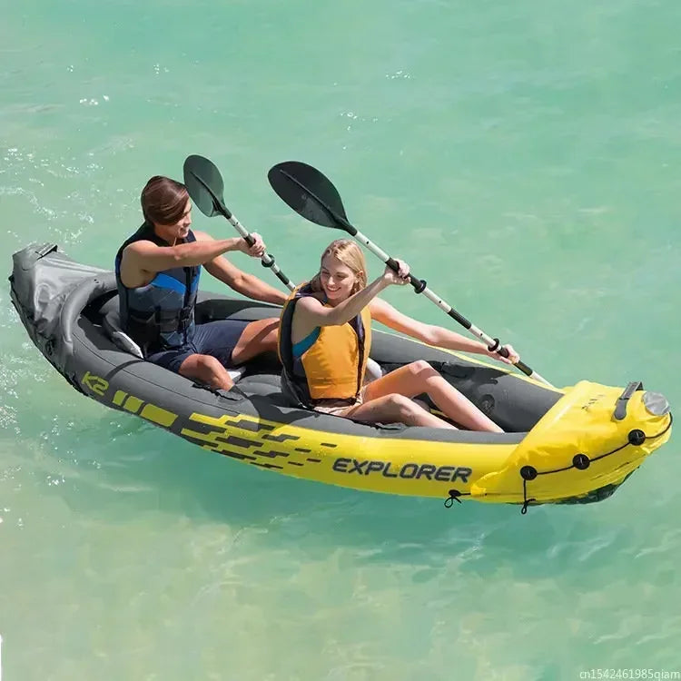 NEW 2 Persons Full Set + Life Jackets Inflatable Kayak Boat Rubber Boat Drifting Single Adjustable Double Assault Boat Drifting  Kayak Outdoor Fishing Beach Sea River Boat Sports Supplies