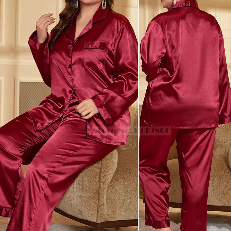 NEW Arrivals 2PCS Set XL-5XL Plus Size 12 Colors Shirt-Pants Female Long/Short Sleeve Pajamas Set Spring Summer Silk Satin Sleepwear Trouser Pajamas Suit Loose Curvy Ladies Girls Luxury Home Wear Fashion Apparel Supplies