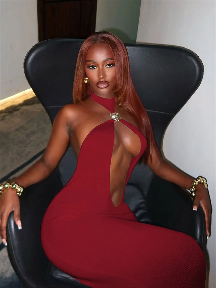 NEW Arrivals UK Size Black/White/Red Spring Summer Dresses Women Elegant Sexy Hollow Out Halter Backless Sleeveless Sheath Maxi Gown Evening Beach Party Night Club Outfit