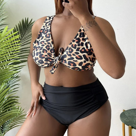 Women Large Size Swimsuit Leopard Patchwork Bikini Set Sexy V Neck Tie-up Swimwear High Waist Push Up Biquini Bathing Suits