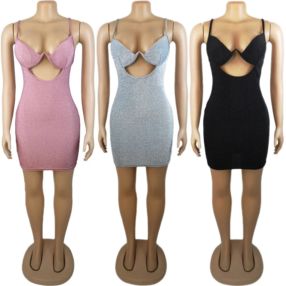 Black/Pink/Gray Color Women Sexy Clothing Nightclub Sparkly Dress Sexy Spaghetti Strap Hollow Out Bodycon Dress Solid Color Summer Evening Beach Party Mini Gowns  New Arrival