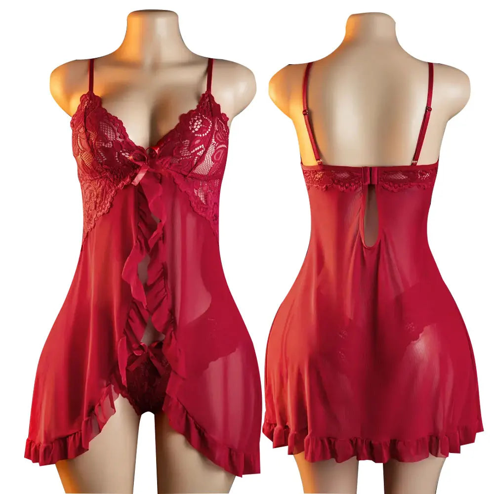UK S-2XL Plus Size Black/Red Color Sexy Pajamas Sets Sling Transparent Sexy Lingerie Women's Underwear See-Through Sleepwear Lace Nightdress