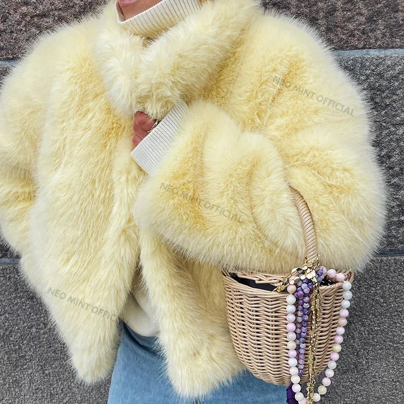 NEW Arrivals UK S-2XL Size White/Yellow Color Neo Mint Winter Women Yellow Faux Fur Jacket Chic Girls Fashion Streetwear Thicken Warm Stand Collar Fox Fur Coat Outerwear