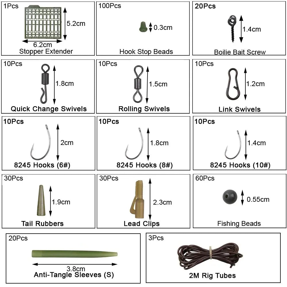 324 PCS Set Case Carp Fishing Accessories Tackle Kit Anti Tangle Sleeves Lead Clips Hooks Swivels Hook Stop Beads Boilie Bait Screw Ocean River Lake Fishing Accessories Tool Sets