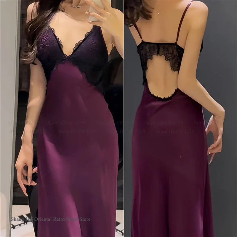2 PCS Set Sexy Female  Long Robe Nightgown Spring Summer New Silk Satin Sleepwear Nightdress Lingerie Patchwork Lace Home Wear
