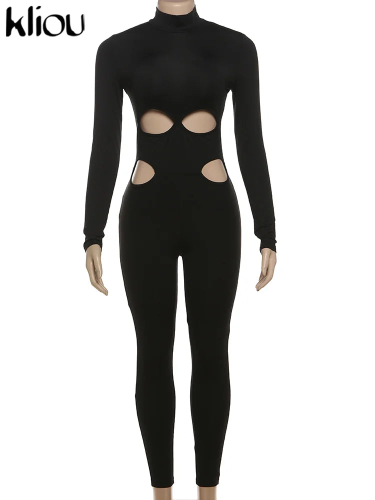 Solid Concise Jumpsuits Women Basic Autumn Long Sleeve Stand Neck Hollow Out Skinny One Piece Female Classic Activewear