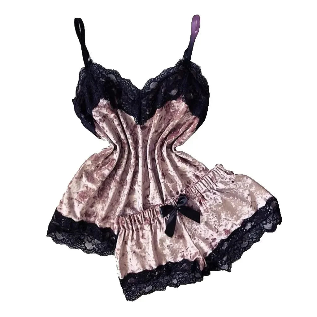 2 PCS Set S-XL Size Autumn Winter Velvet 6 Colors Pajamas Set Women's Sexy Lingerie Sleepwear Nightwear Cute Cami Top and Shorts Pajamas Sets Loungewear Home Wear Women Lingerie Clothing Supplies