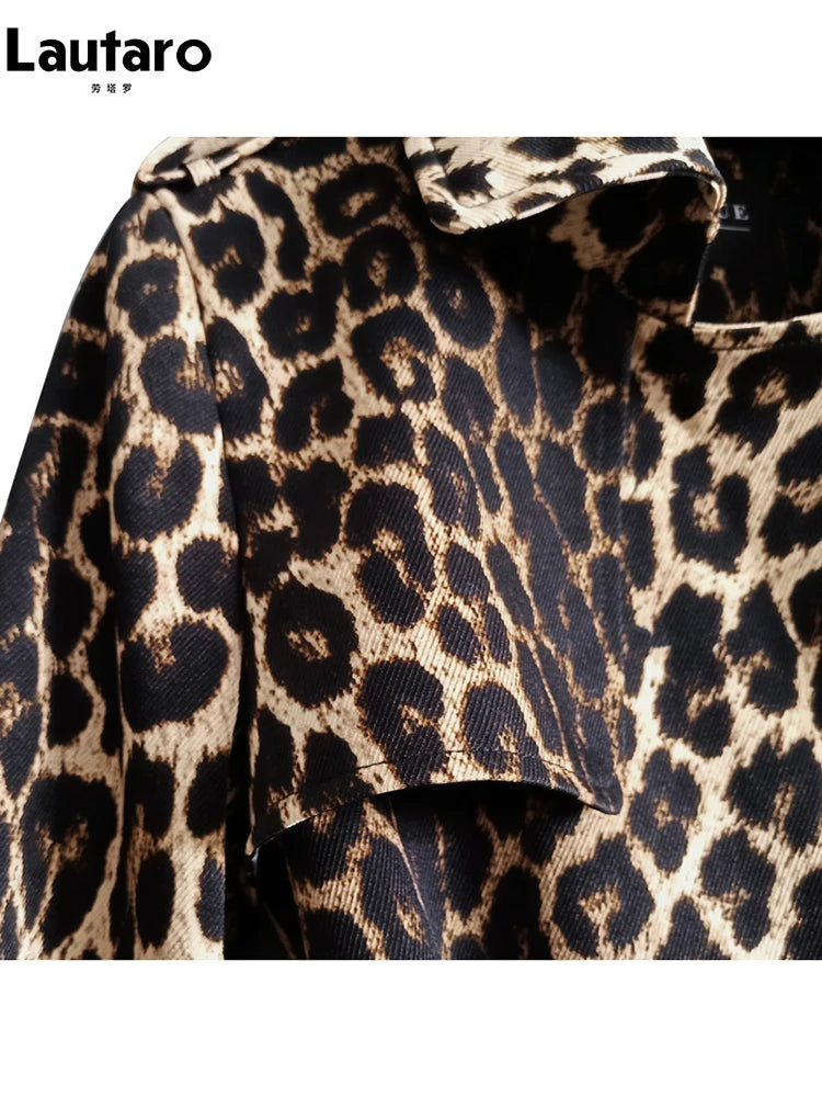 Lautaro Spring Autumn Long Stylish Leopard Print Trench Coat for Women Belt Double Breasted Casual Luxury Designer Clothes