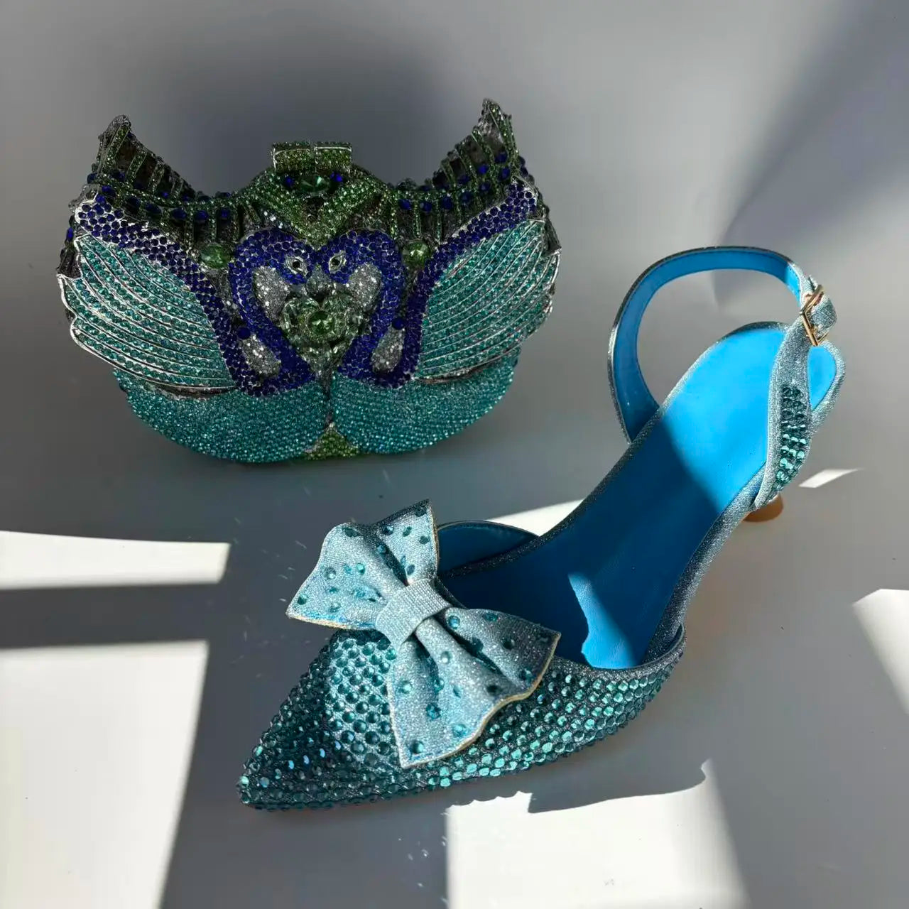 Newest Lake Blue Pumps Women Thin Heels with Bag Set Rhinestones Leather Sandals Evening Wedding Party Women's Shoes for Bridal